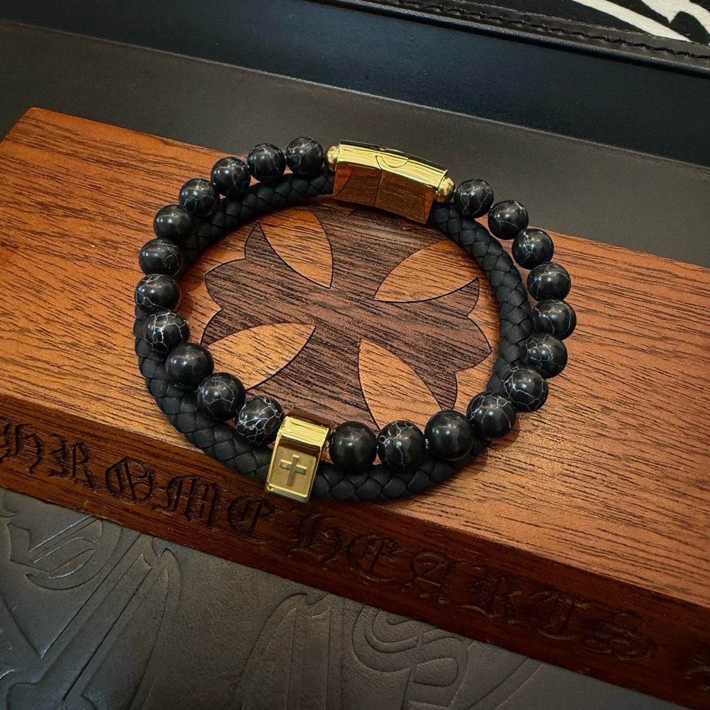 Chrome Hearts Double-Layer Bracelet: Volcanic Stone and Leather