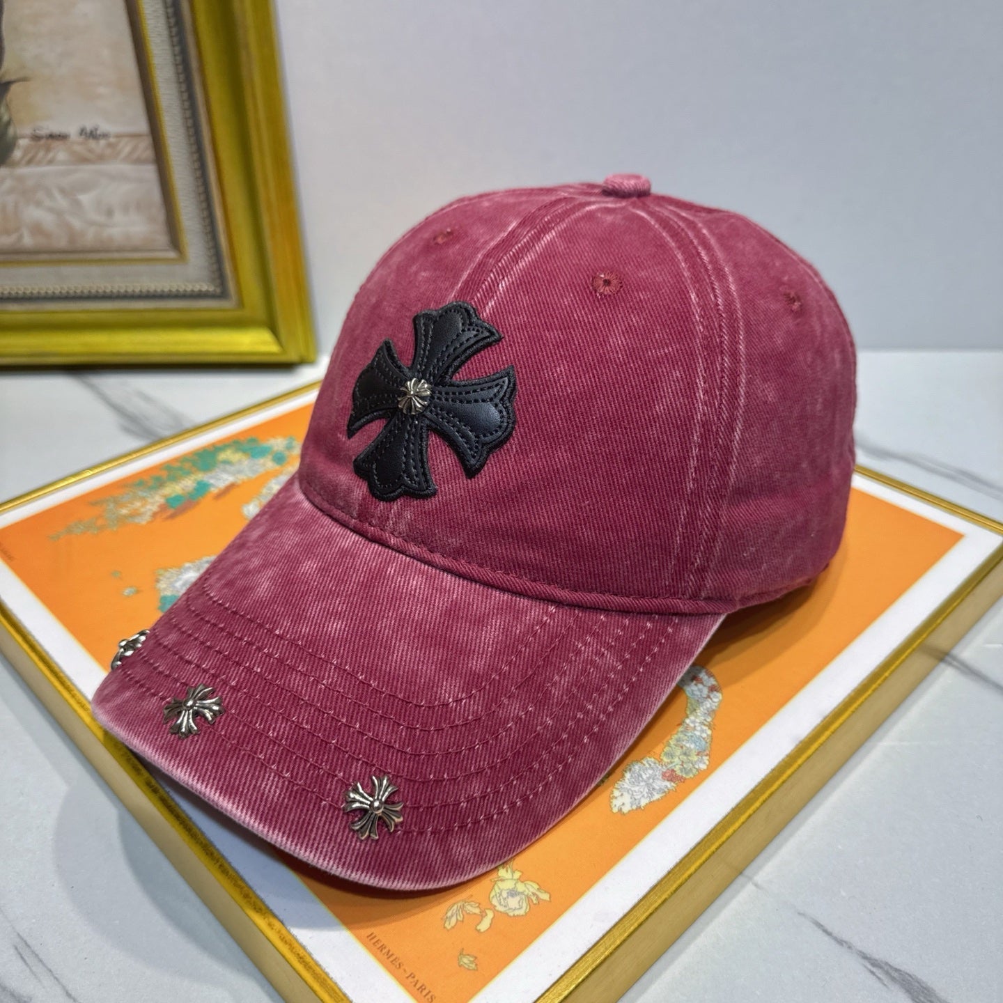 Chrome Hearts Burgundy Washed & Distressed Baseball Cap