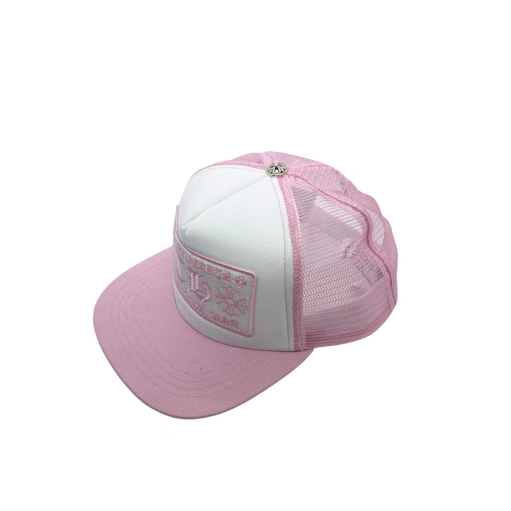 Chrome Hearts pink and white embroidered mesh trucker cap