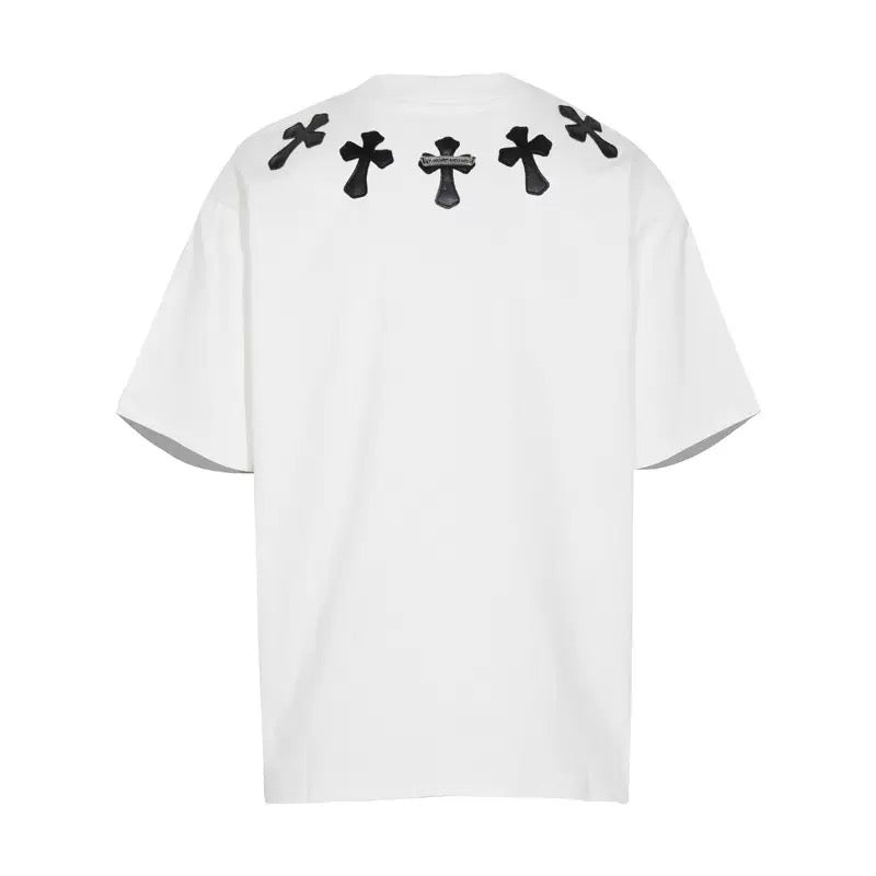 Chrome Hearts Style 3D Cross Applique T-Shirt - Embellished Shoulder Detail, Premium Cotton Streetwear Tee