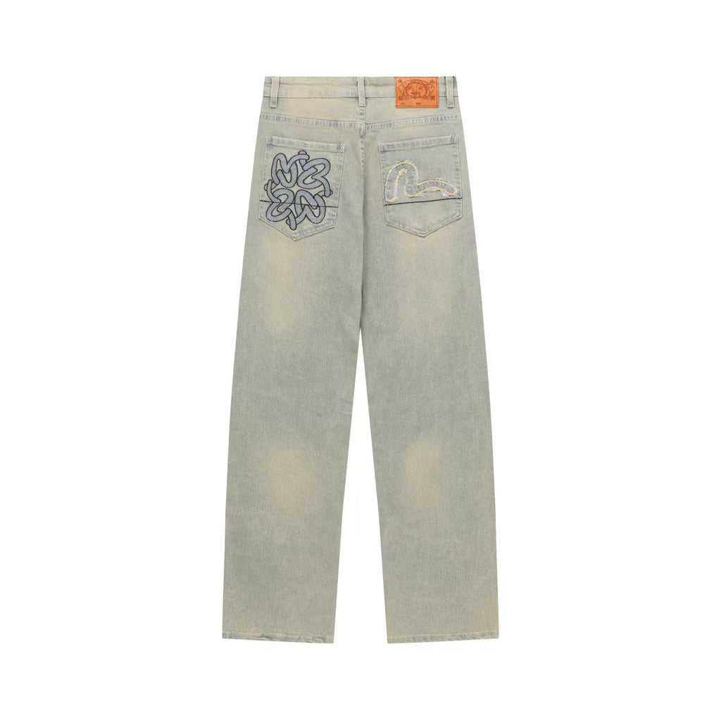 Evisu x Loewe Collaboration Men's Wide-Leg Jeans – Light Wash Embroidered Denim