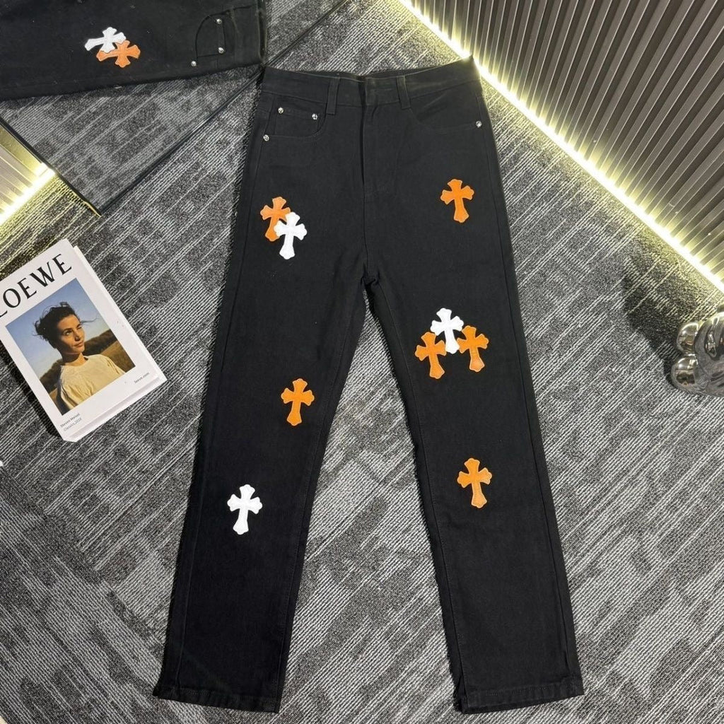 Chrome Hearts Black Denim Jeans with Colorful Leather Cross Patches