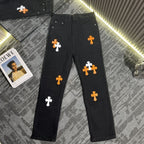 Chrome Hearts Black Denim Jeans with Colorful Leather Cross Patches