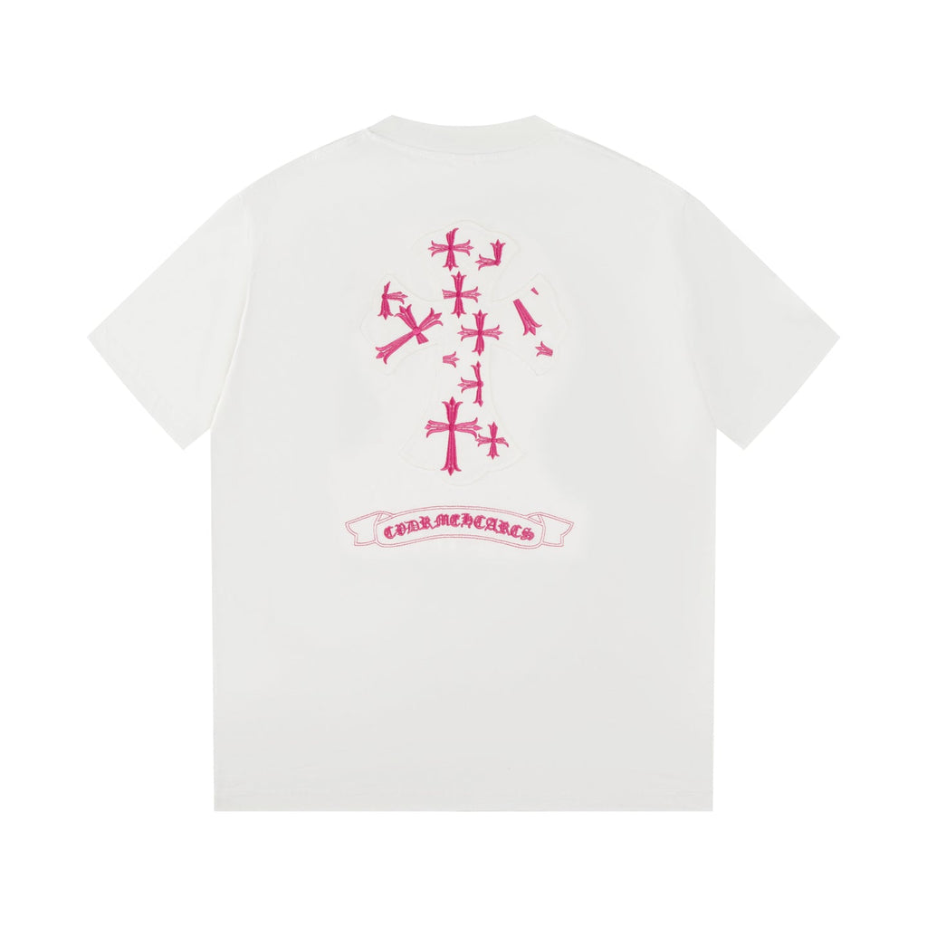 Chrome Hearts White T-Shirt with Pink Cross Appliqué and Embroidery