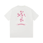 Chrome Hearts White T-Shirt with Pink Cross Appliqué and Embroidery