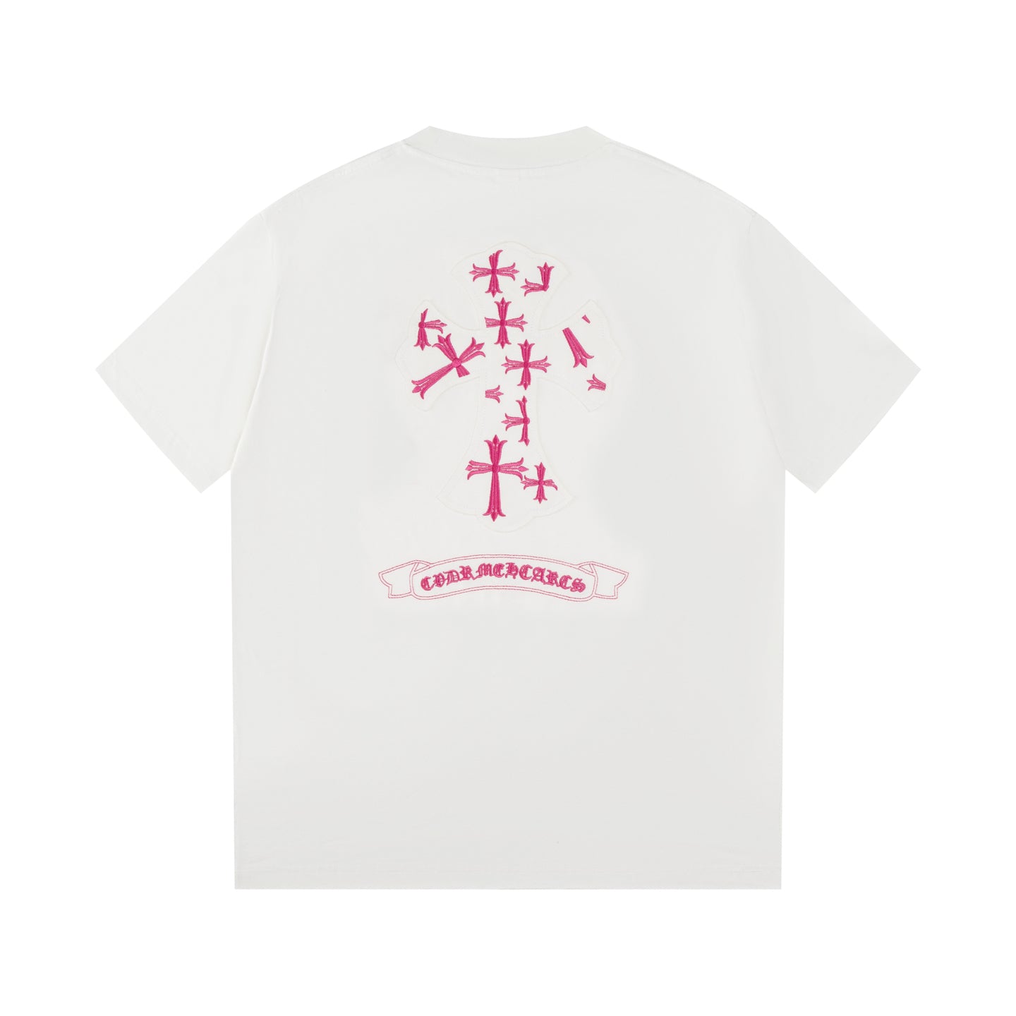 Chrome Hearts White T-Shirt with Pink Cross Appliqué and Embroidery