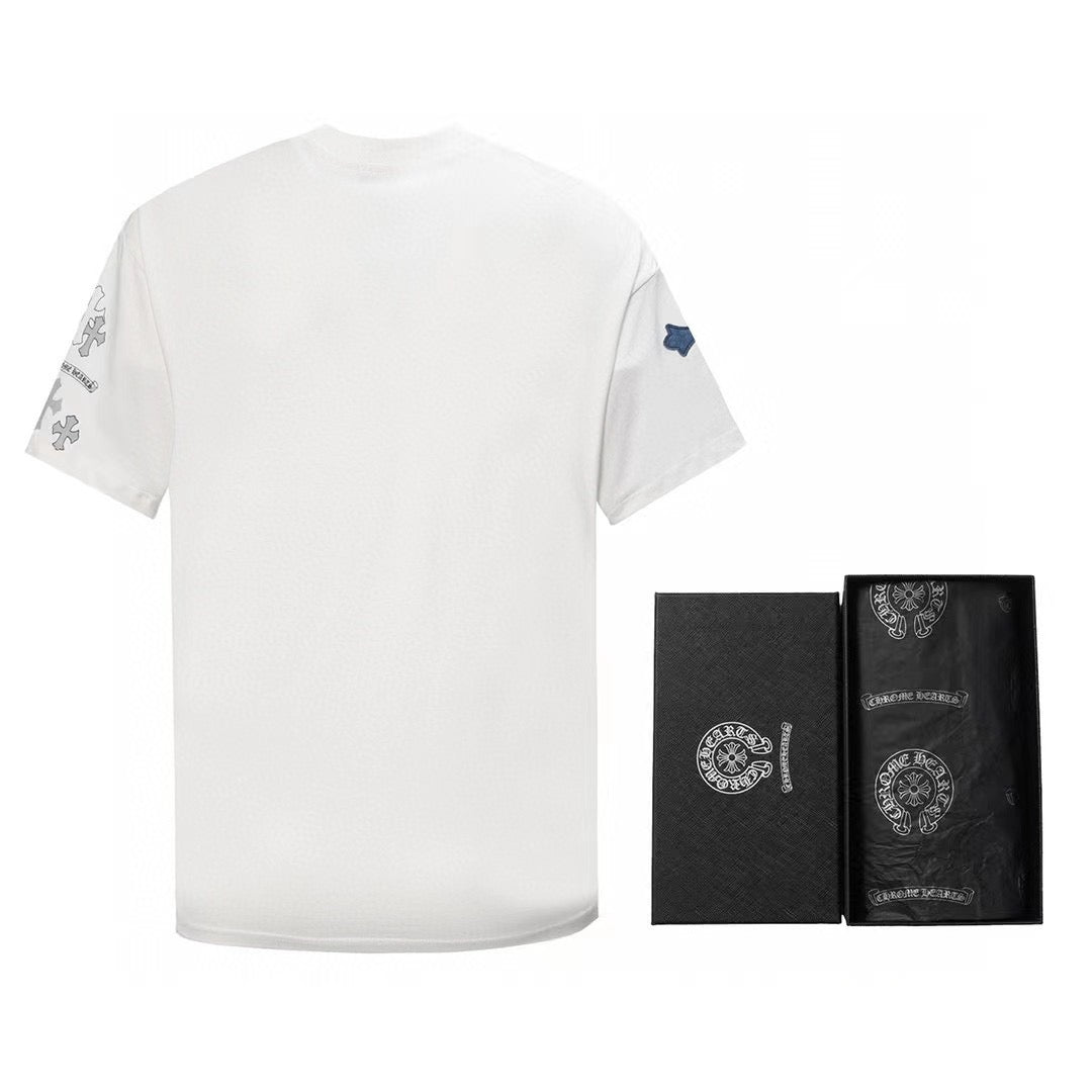Chrome Hearts 2026 SS Blue & Silver Cross Embroidered T-Shirt - White Unisex Cotton Tee with Gothic Logo