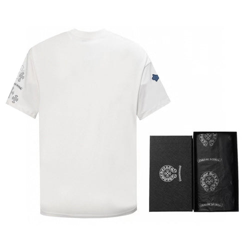 Chrome Hearts 2026 SS Blue & Silver Cross Embroidered T-Shirt - White Unisex Cotton Tee with Gothic Logo