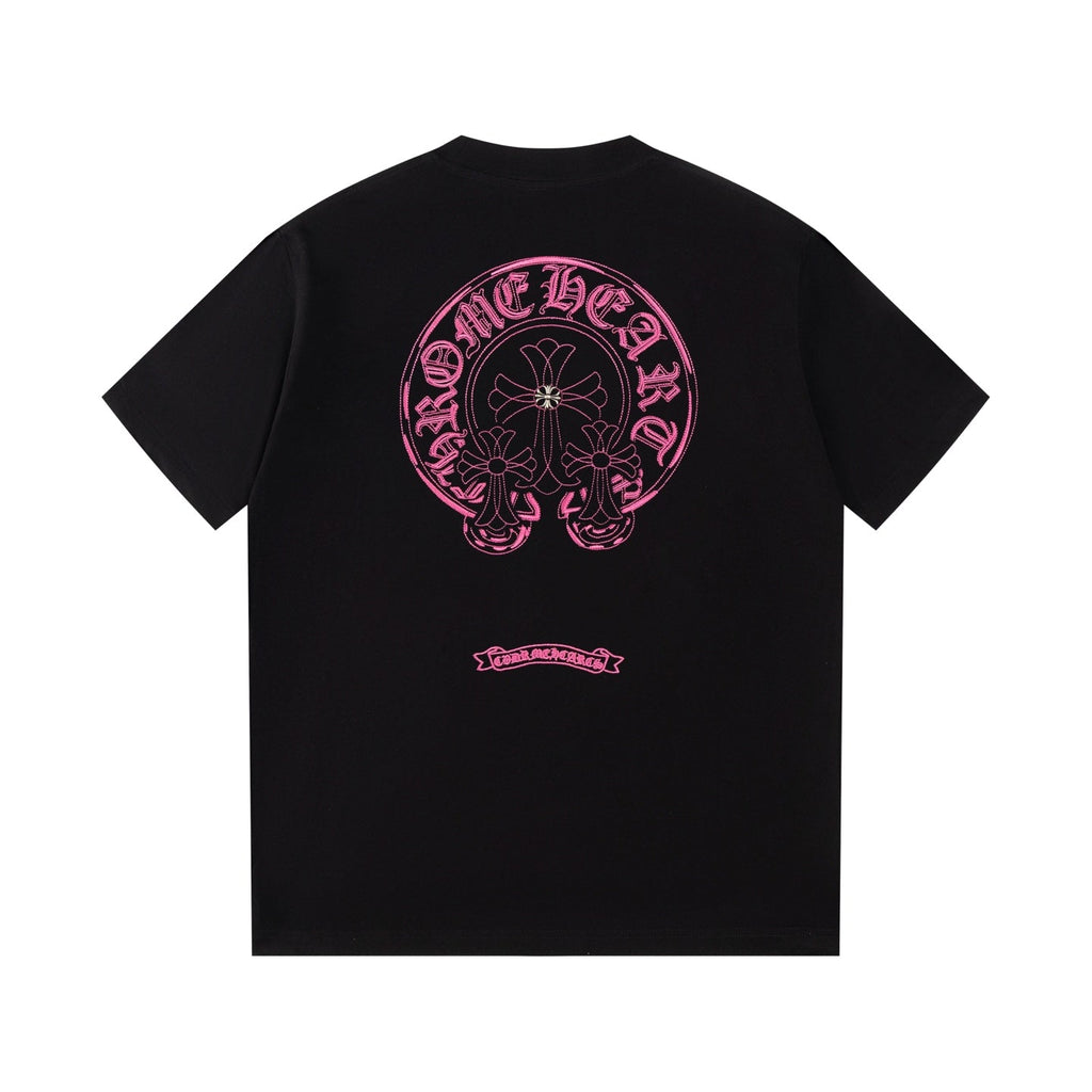 Chrome Hearts Black T-Shirt with Pink Embroidered Horseshoe Cross Graphic