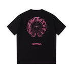 Chrome Hearts Black T-Shirt with Pink Embroidered Horseshoe Cross Graphic