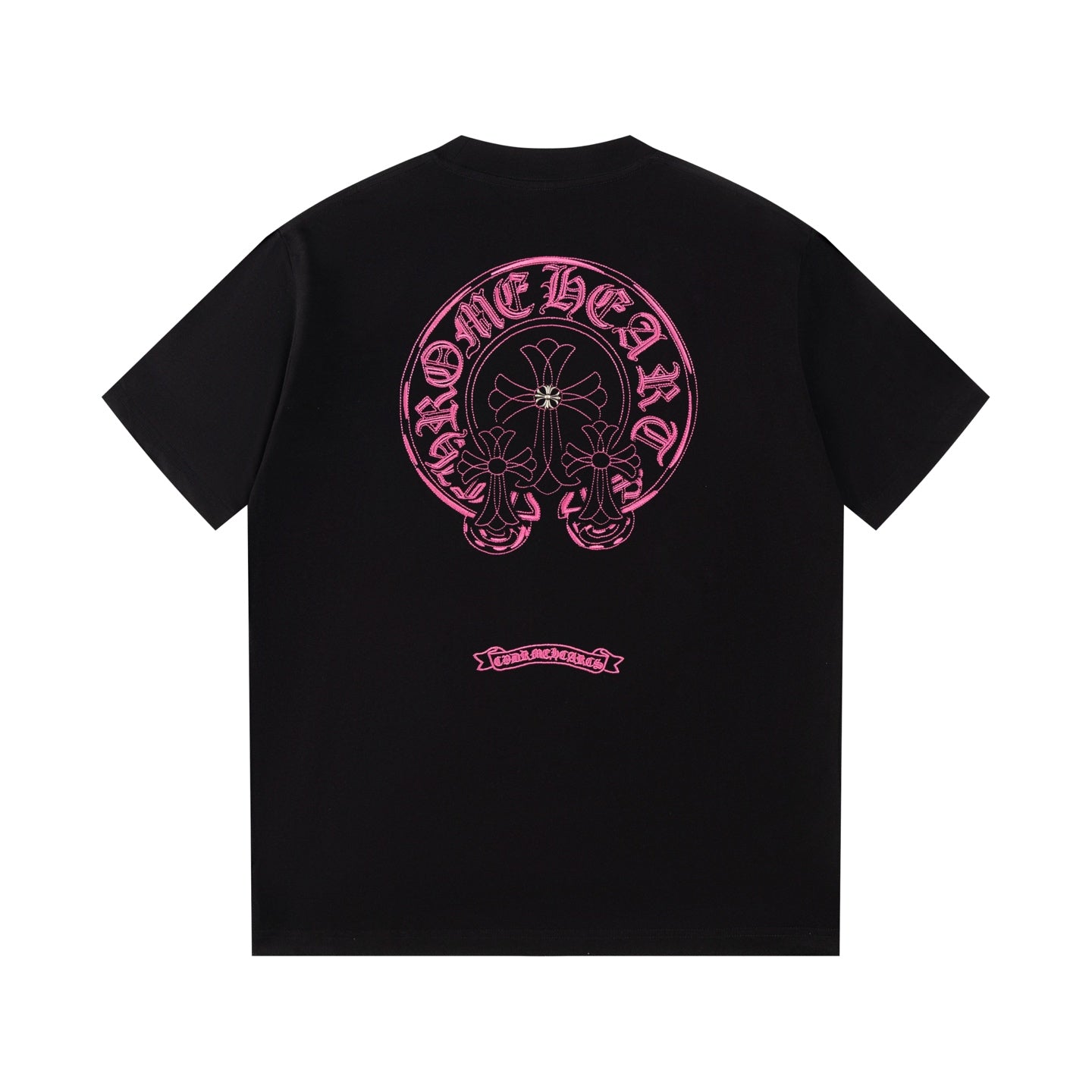 Chrome Hearts Black T-Shirt with Pink Embroidered Horseshoe Cross Graphic