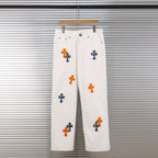 Chrome Hearts "Orange & Blue Leopard Print Cross Patchwork" Jeans