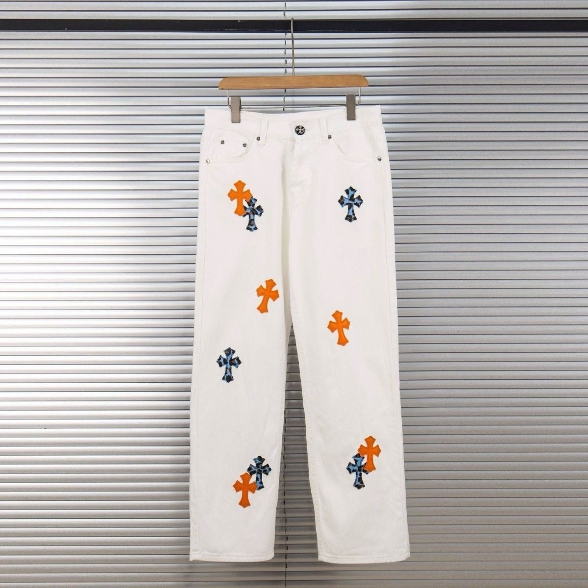 Chrome Hearts "Orange & Blue Leopard Print Cross Patchwork" Jeans