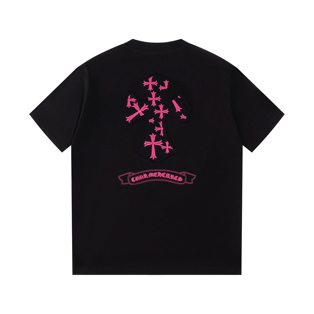 Chrome Hearts Black T-Shirt with Pink Multi-Cross Appliqué and Embroidery