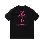 Chrome Hearts Black T-Shirt with Pink Multi-Cross Appliqué and Embroidery