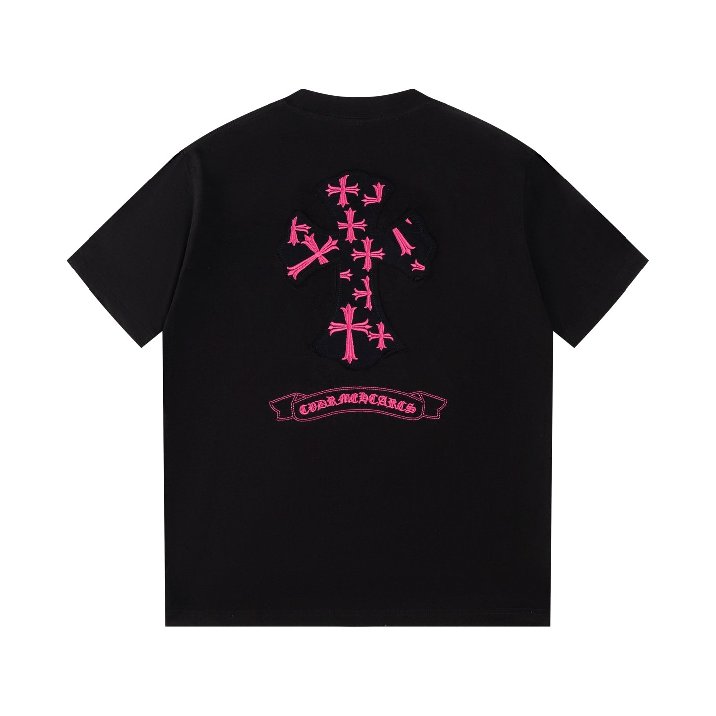Chrome Hearts Black T-Shirt with Pink Multi-Cross Appliqué and Embroidery