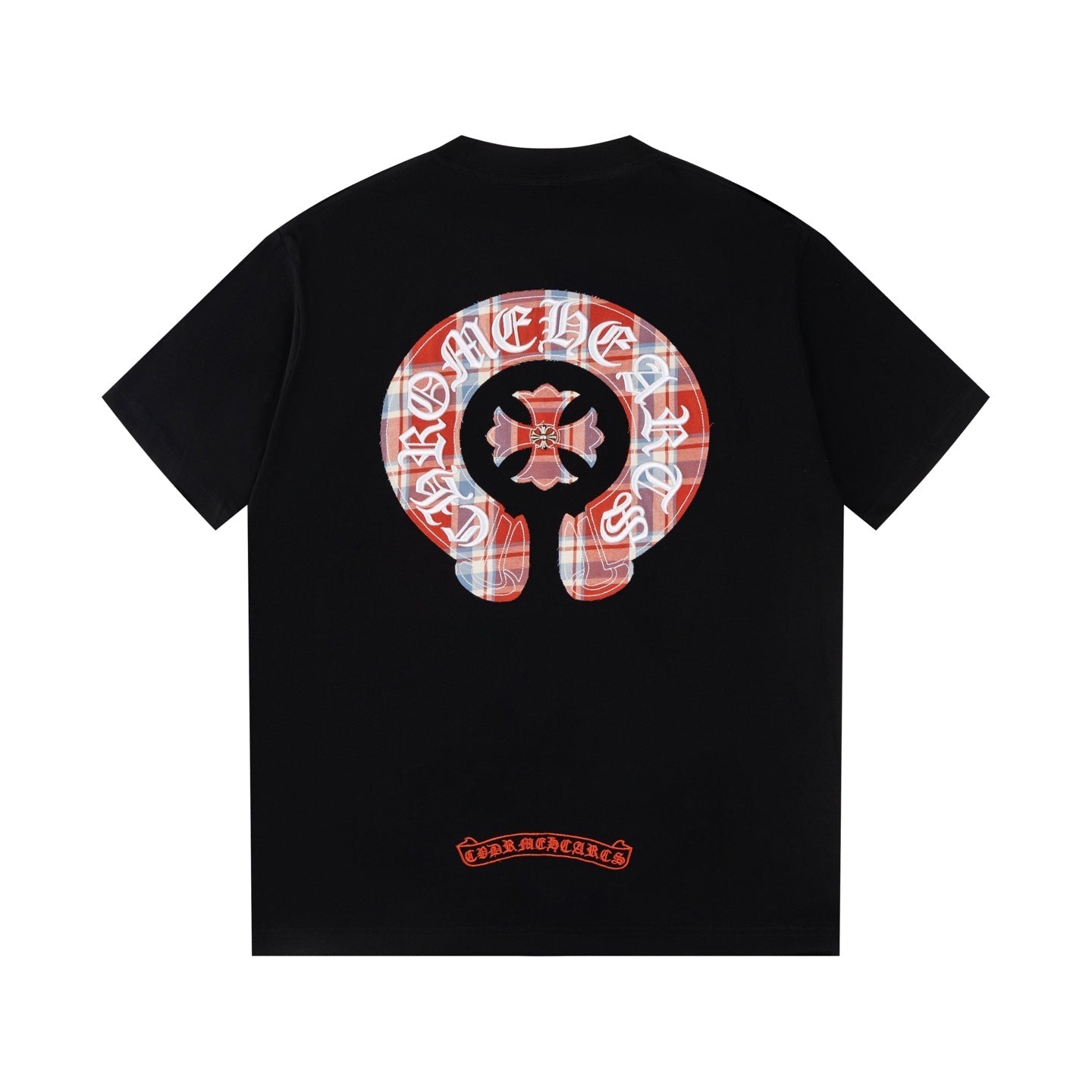 Chrome Hearts Style Plaid Horseshoe Cross T-Shirt - Colorful Embroidered Patch, Vintage Wash Cotton Streetwear Tee