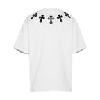 Chrome Hearts White T-Shirt with Black & Silver Cross Appliqués - Chest Detail