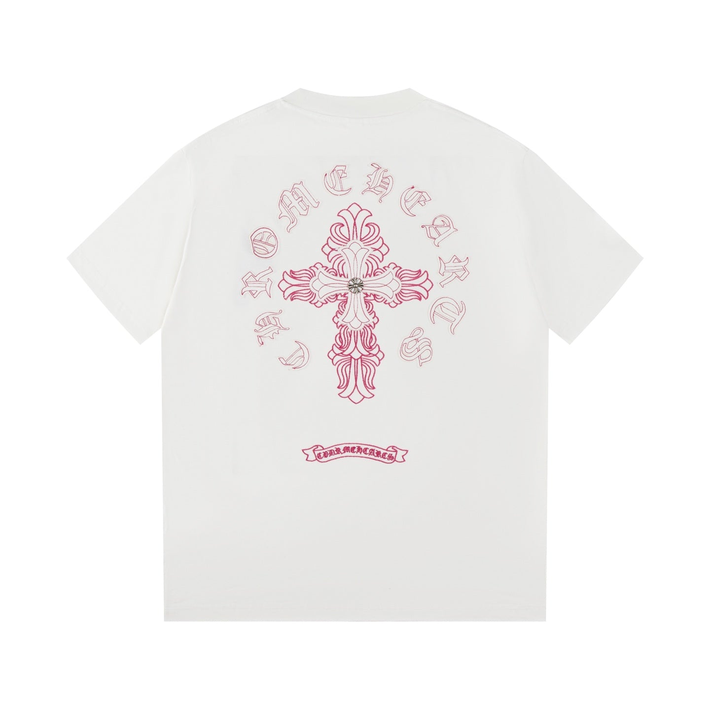 Chrome Hearts 2026 SS Pink Embroidered Cross T-Shirt - White Unisex Cotton Tee with Gothic Logo