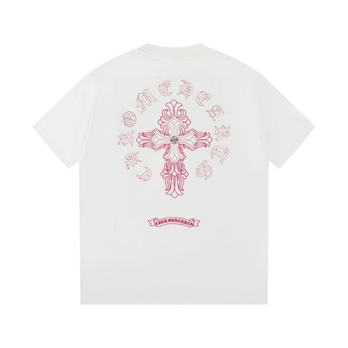Chrome Hearts 2026 SS Pink Embroidered Cross T-Shirt - White Unisex Cotton Tee with Gothic Logo