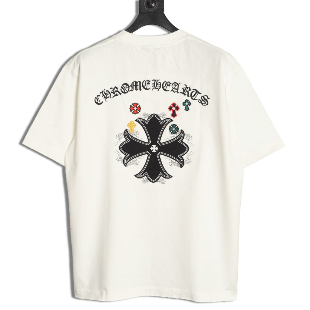 Chrome Hearts 2026 SS Multi-Color Cross Embroidered T-Shirt - Off-White Unisex Cotton Tee with Gothic Logo