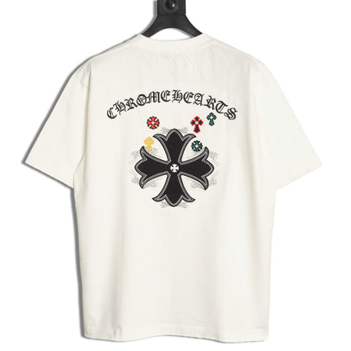 Chrome Hearts 2026 SS Multi-Color Cross Embroidered T-Shirt - Off-White Unisex Cotton Tee with Gothic Logo