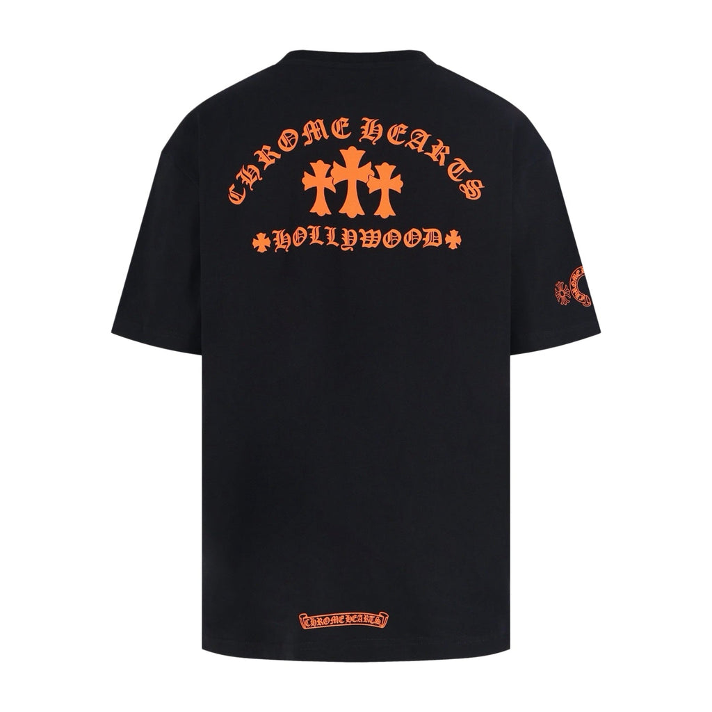 Chrome Hearts Hollywood Triple Cross Pocket T-Shirt - Black Tee with Orange Logo Print
