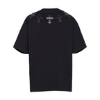 Chrome Hearts Style Men's Black T-Shirt - 3D Leather Cross Appliqué & Silver Hardware, Heavyweight Cotton Streetwear Top