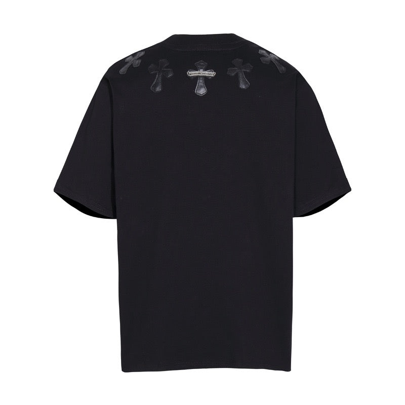 Chrome Hearts Style Men's Black T-Shirt - 3D Leather Cross Appliqué & Silver Hardware, Heavyweight Cotton Streetwear Top