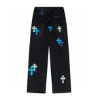 Chrome Hearts Black Denim Jeans with Blue Leather Cross Patches