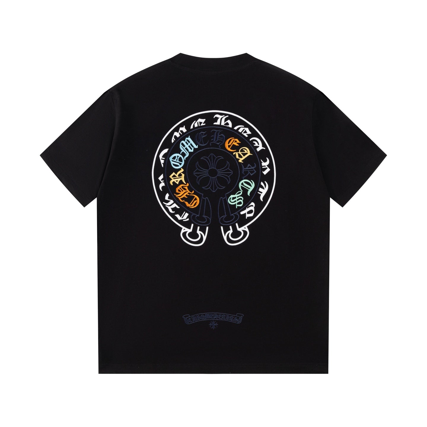 Chrome Hearts Black T-Shirt with Colorful Embroidered Horseshoe Cross Graphic