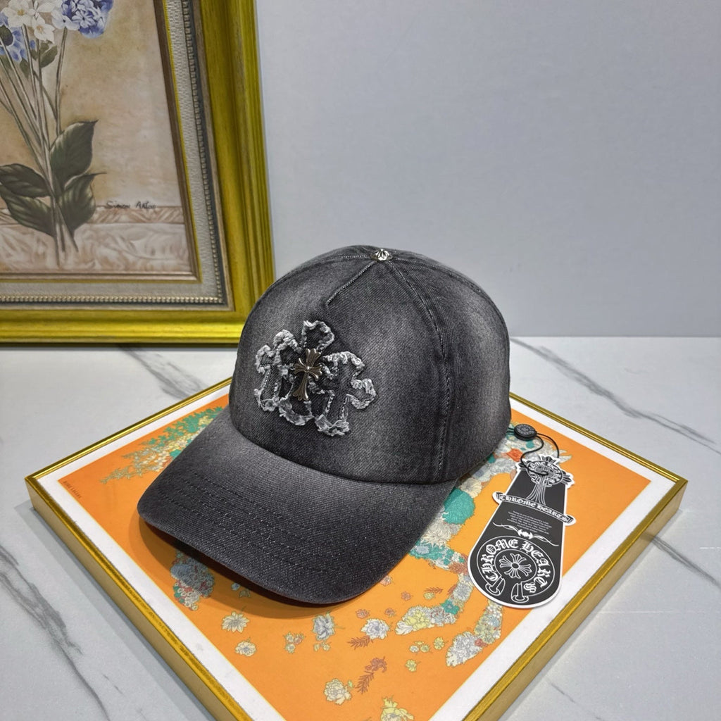 Chrome Hearts Dark Gray Washed & Distressed Denim Baseball Cap