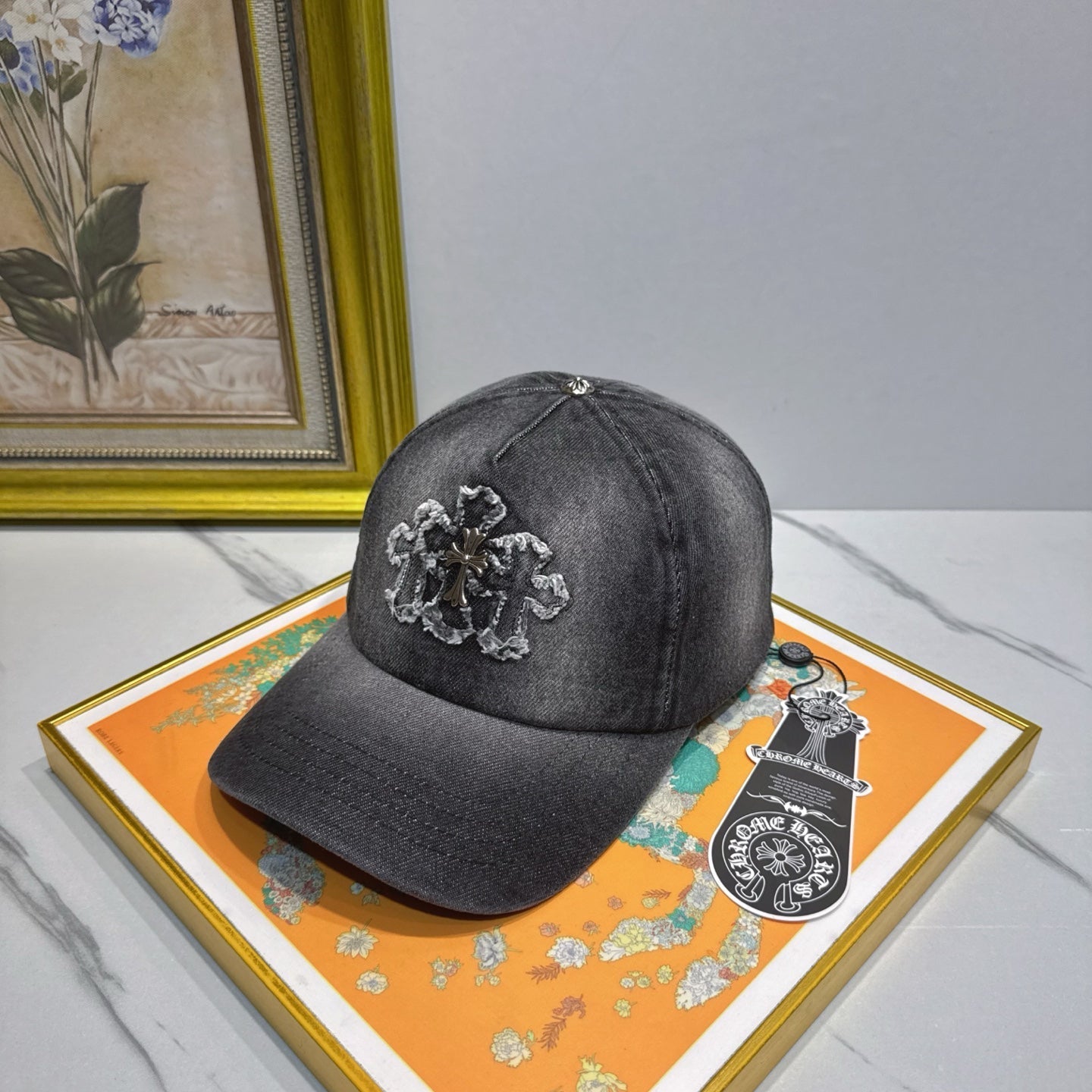 Chrome Hearts Dark Gray Washed & Distressed Denim Baseball Cap