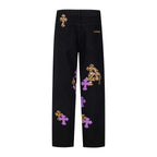 Chrome Hearts Black Denim Jeans with Purple Leopard-Print Cross Leather Patches