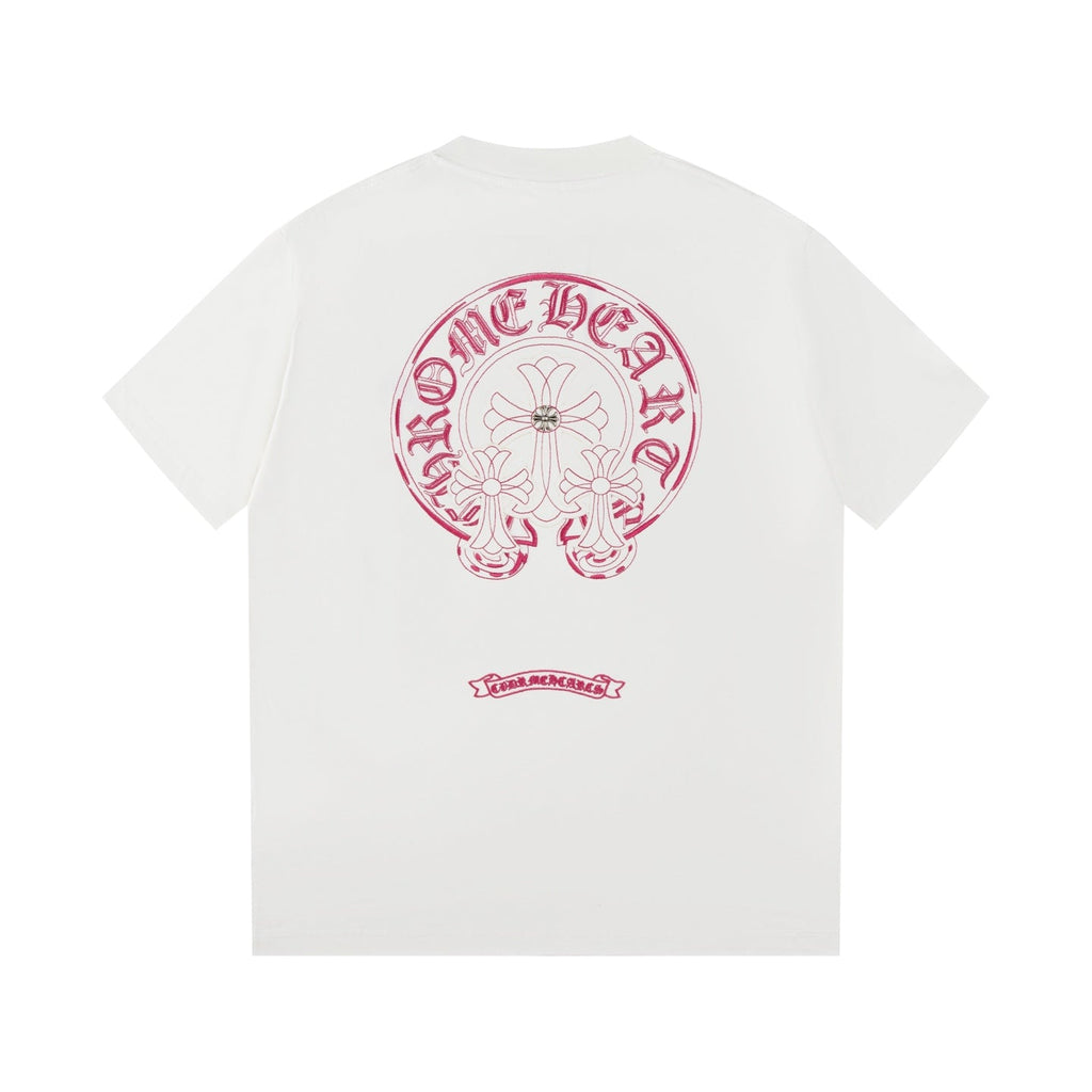 Chrome Hearts White T-Shirt with Pink Triple Cross Horseshoe Graphic