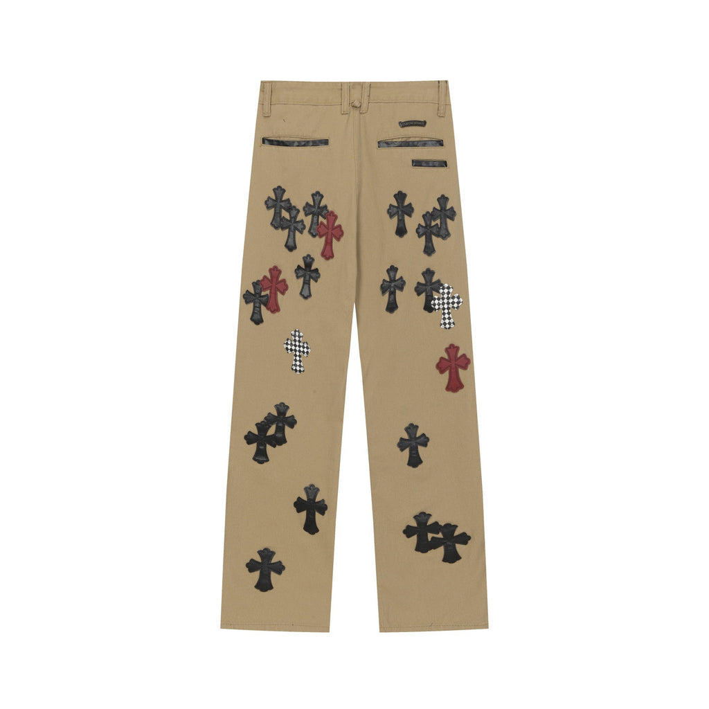 Chrome Hearts khaki straight-leg pants with colorful leather cross patch