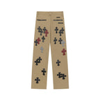 Chrome Hearts khaki straight-leg pants with colorful leather cross patch