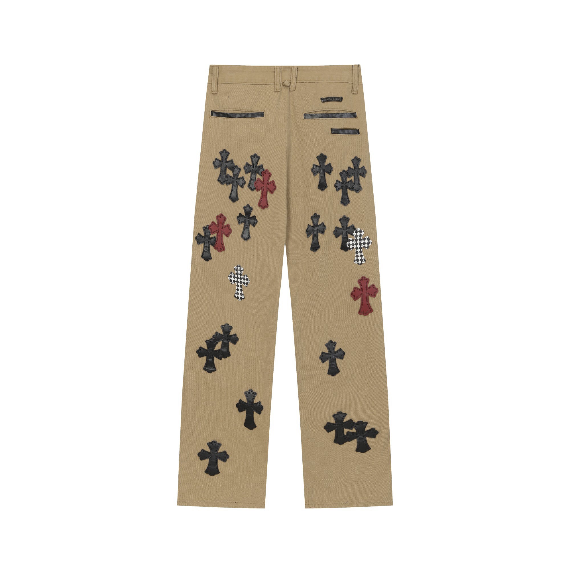 Chrome Hearts khaki straight-leg pants with colorful leather cross patch