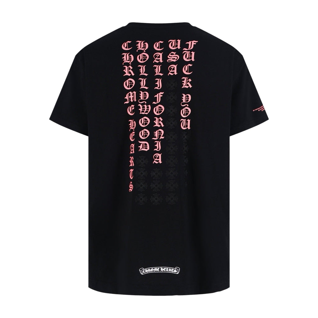 Chrome Hearts Style Black T-Shirt - Pink Gothic Back Print & Pocket Logo, Cotton Streetwear Tee