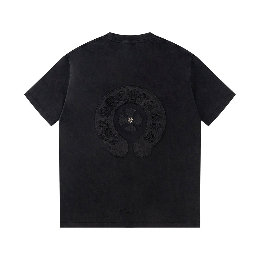 Chrome Hearts Style Horseshoe Cross T-Shirt - Embroidered Back Print, Vintage Wash Cotton Streetwear Tee