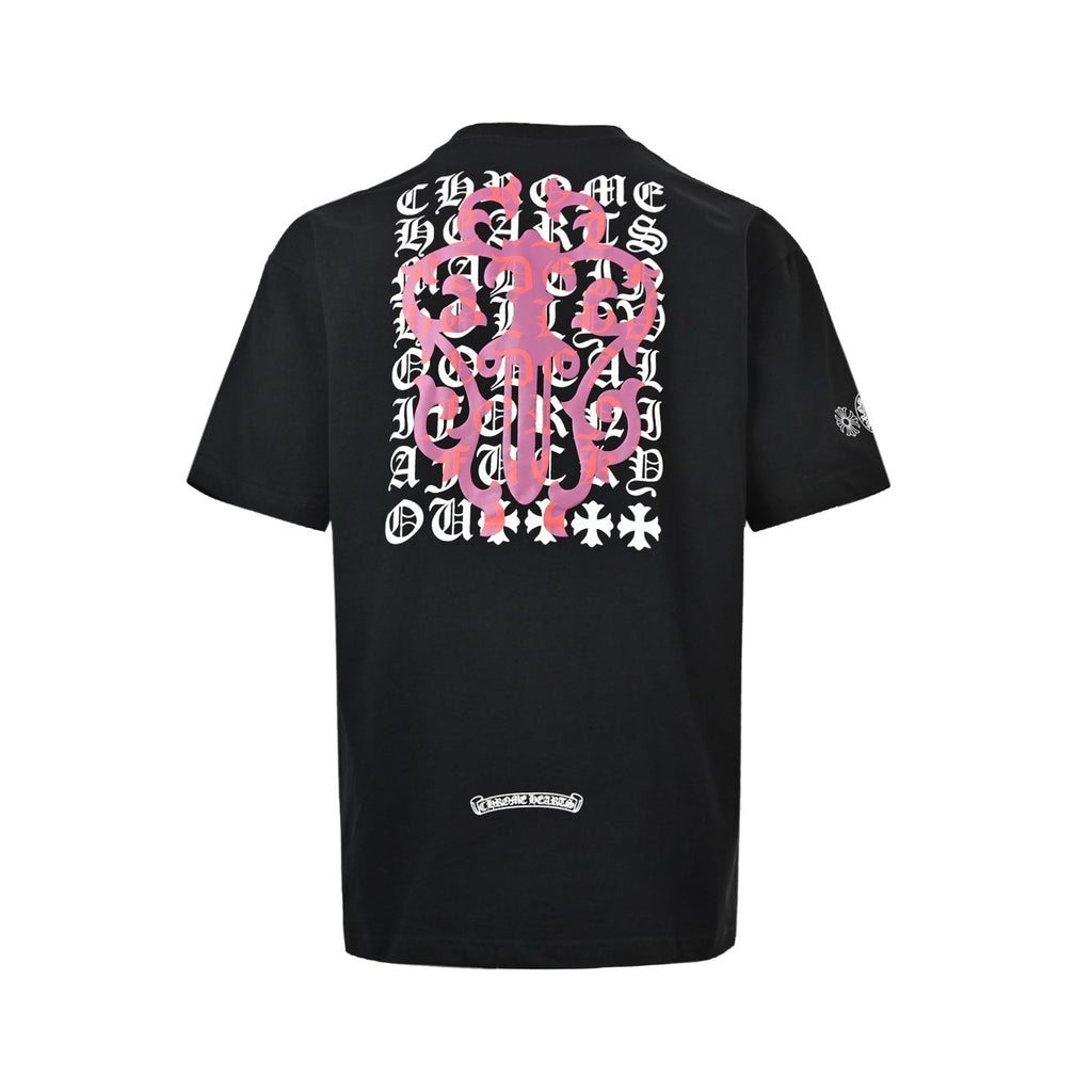 Chrome Hearts 2026 SS Gothic Dagger & Monogram Pocket T-Shirt - Black Unisex Cotton Tee with Pink Cross Motif