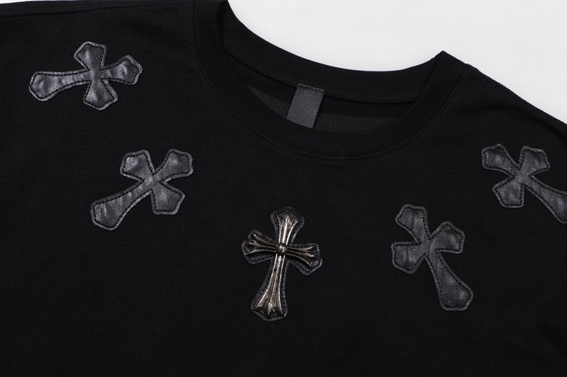 Chrome Hearts Black T-Shirt with Silver Cross Appliqués
