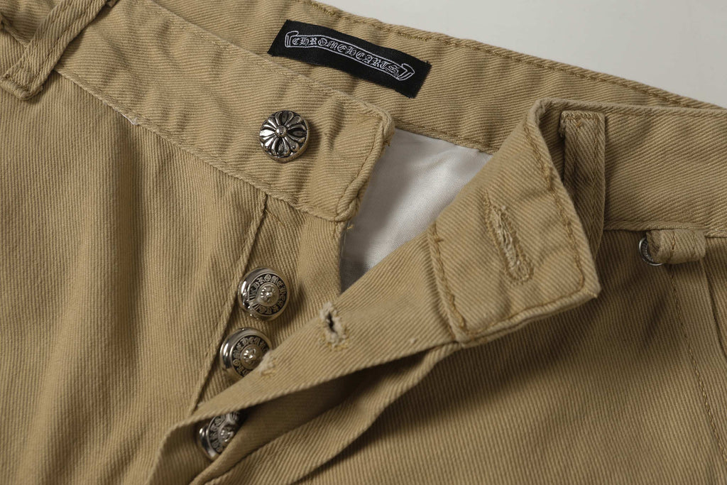 Chrome Hearts khaki straight-leg pants with colorful leather cross patch
