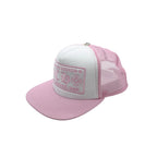Chrome Hearts pink and white embroidered mesh trucker cap