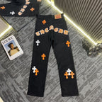 Chrome Hearts Black Denim Jeans with Colorful Leather Cross Patches