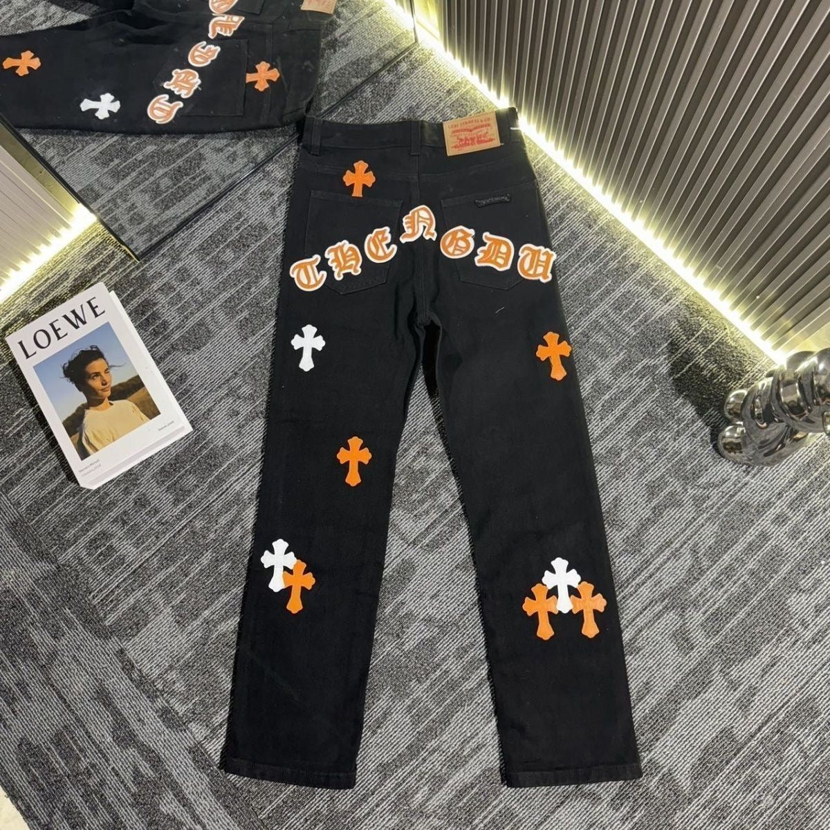 Chrome Hearts Black Denim Jeans with Colorful Leather Cross Patches