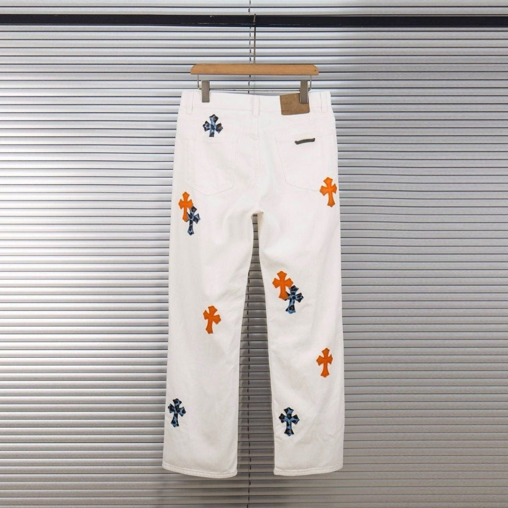 Chrome Hearts "Orange & Blue Leopard Print Cross Patchwork" Jeans
