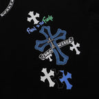 Chrome Hearts 2026 SS Blue & White Cross Embroidered T-Shirt - Black Unisex Cotton Tee with Gothic Logo