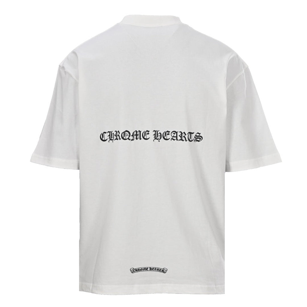 Chrome Hearts White T-Shirt with Horseshoe Logo and Gothic Lettering