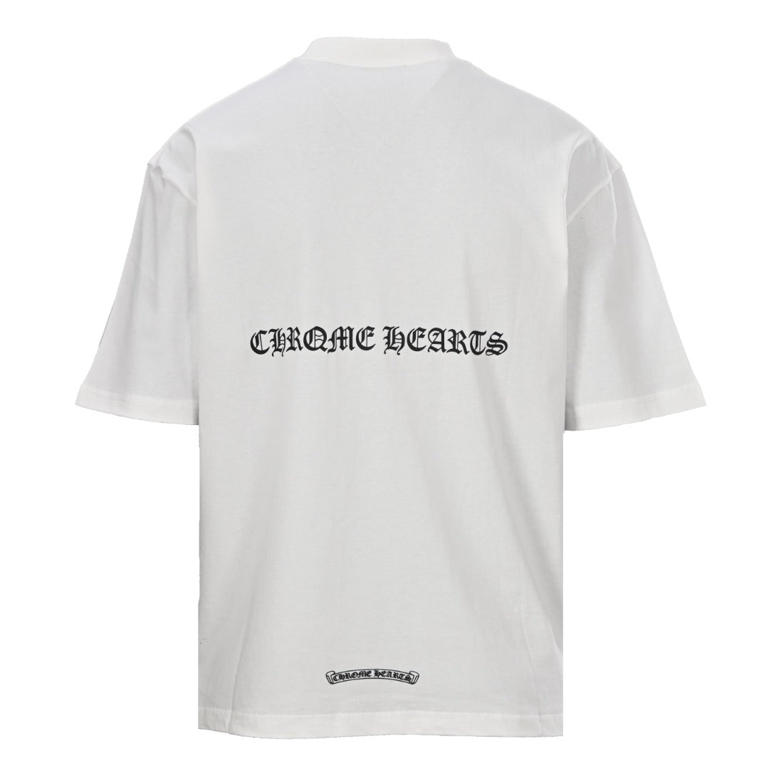 Chrome Hearts White T-Shirt with Horseshoe Logo and Gothic Lettering